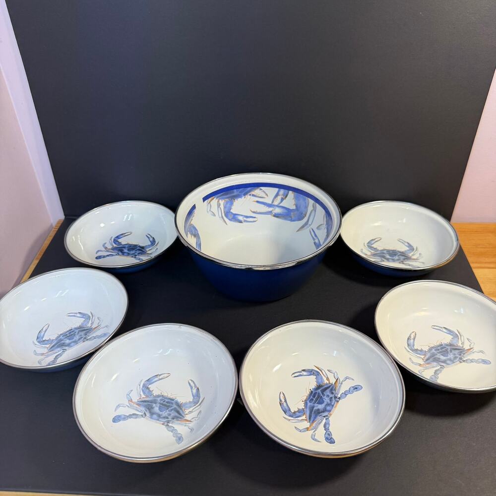 Golden Rabbit Blue Crab Enamelware Bowls 7 Pc Set Serving Bowl Coastal